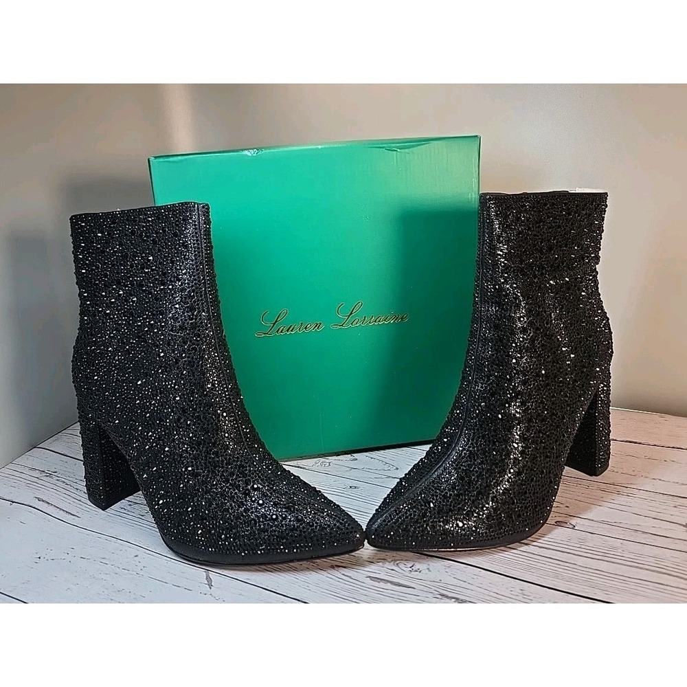 Lauren Lorraine Boots Jam Black Rhinestone Pointed Toe Bootie Ankle Boot Sz 9.5‎